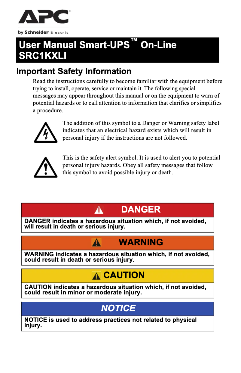 Page 1 de la notice Manuel utilisateur APC Smart-UPS On-Line SRC1KXLI
