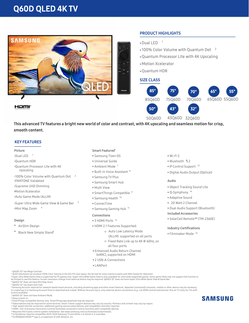 Page 1 de la notice Fiche technique Samsung QN50Q60DAF