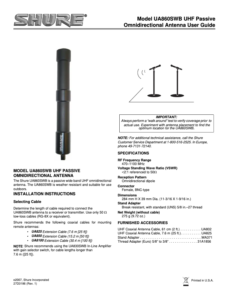 Page 1 de la notice Manuel utilisateur Shure UA860SWB