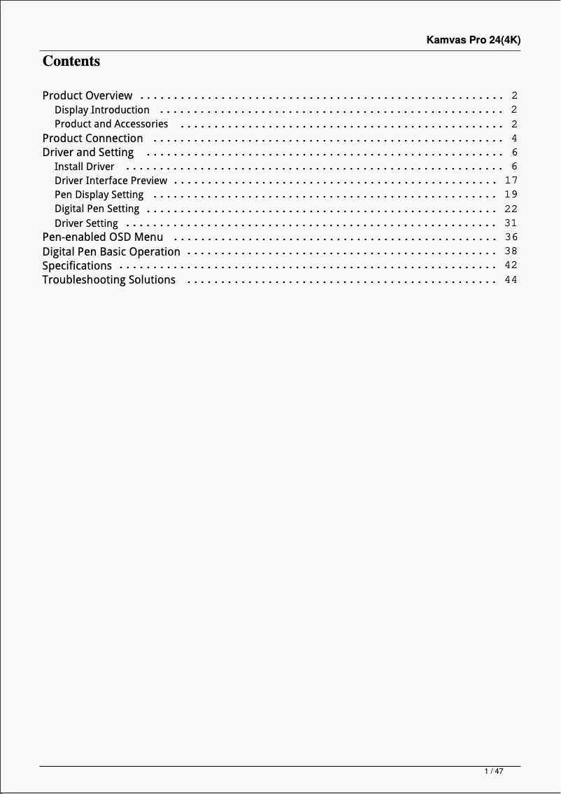 First page image of the manual for Kamvas Pro 24