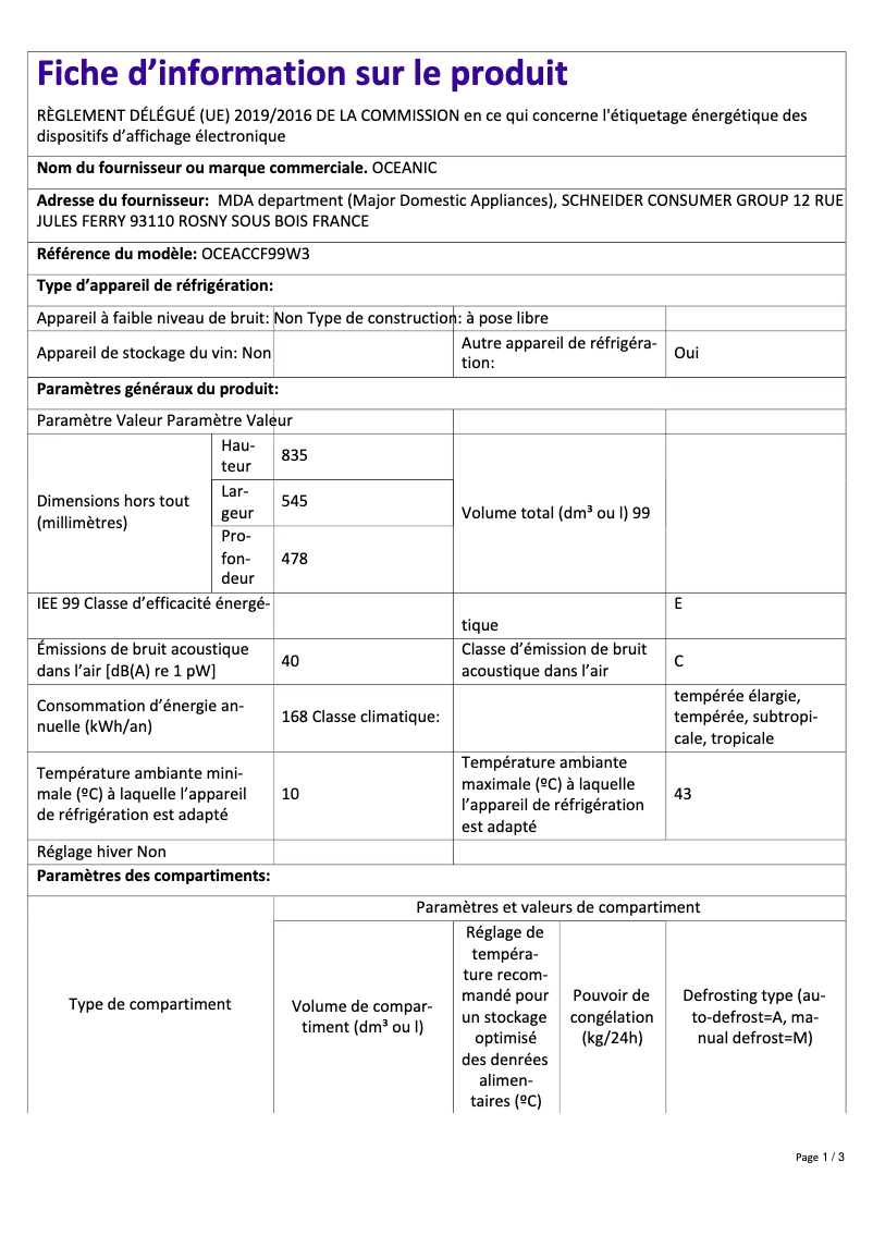 Page 1 de la notice Label énergétique Continental Edison OCEACCF99W3