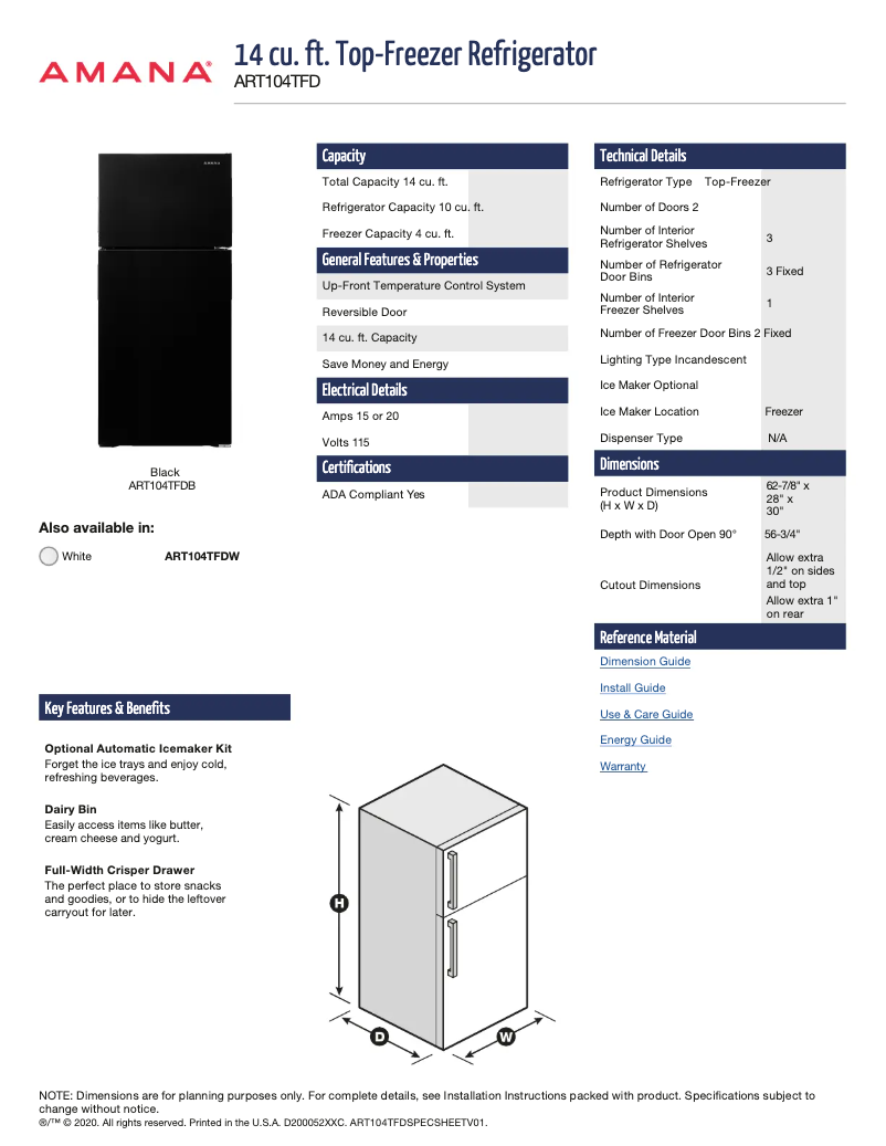Page 1 de la notice Fiche technique Amana ART104TFDB