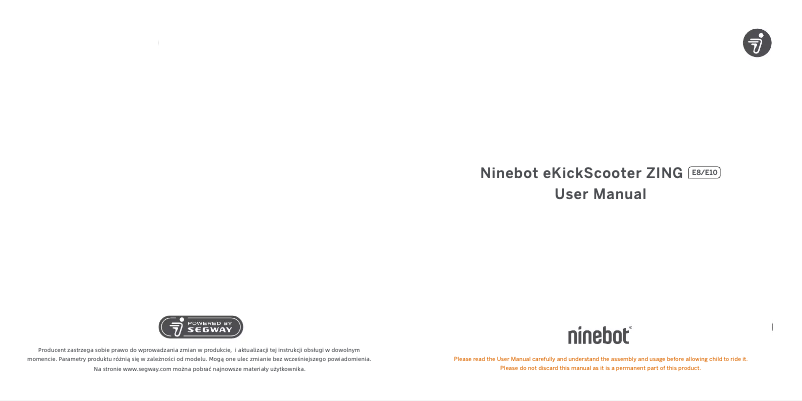 Image de la première page du manuel de l'appareil Ninebot eKickScooter ZING E10