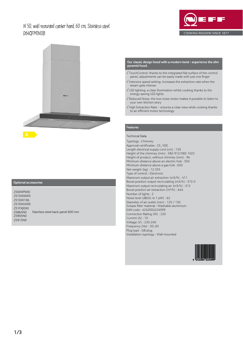 Page 1 de la notice Fiche technique Neff D64QFM1N0B
