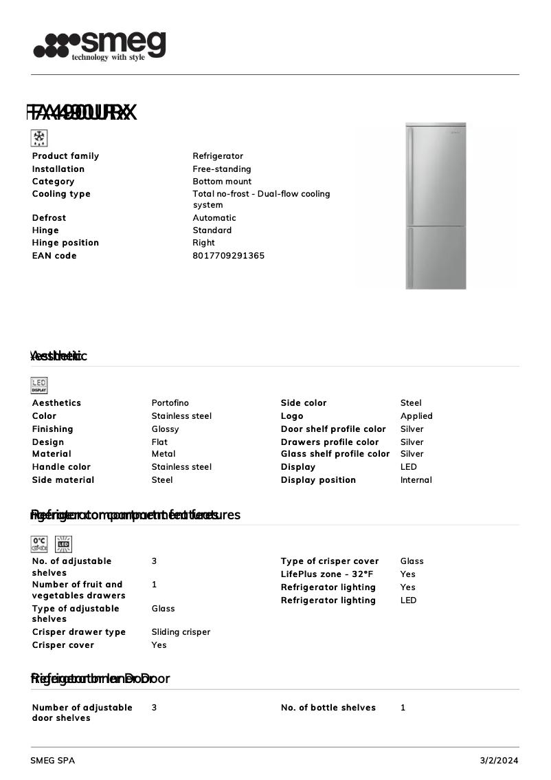 Page 1 de la notice Fiche technique Smeg FA490URX