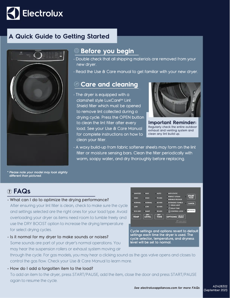 Page 1 de la notice Guide de démarrage rapide Electrolux ELFG7337AW