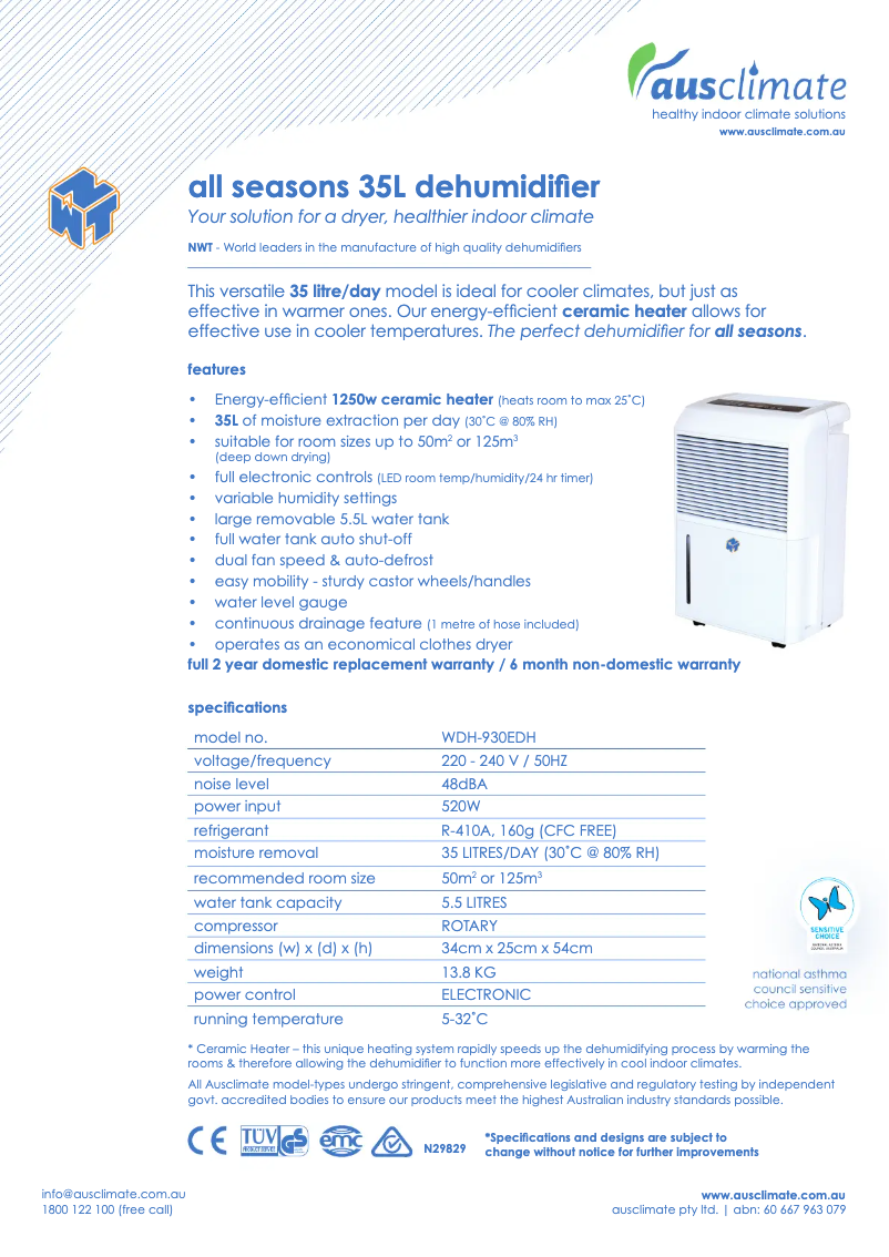 Page n°1 - Fiche technique Ausclimate WDH-930EDH