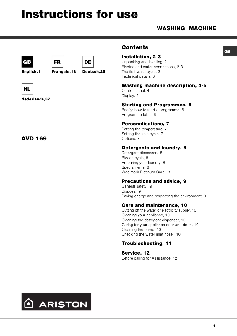 Page n°1 - Manuel utilisateur Hotpoint Ariston AVD 169
