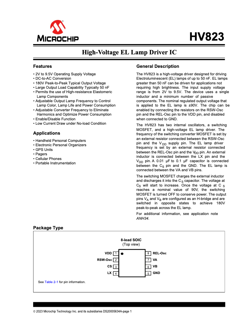 Page 1 de la notice Fiche technique Microchip HV823
