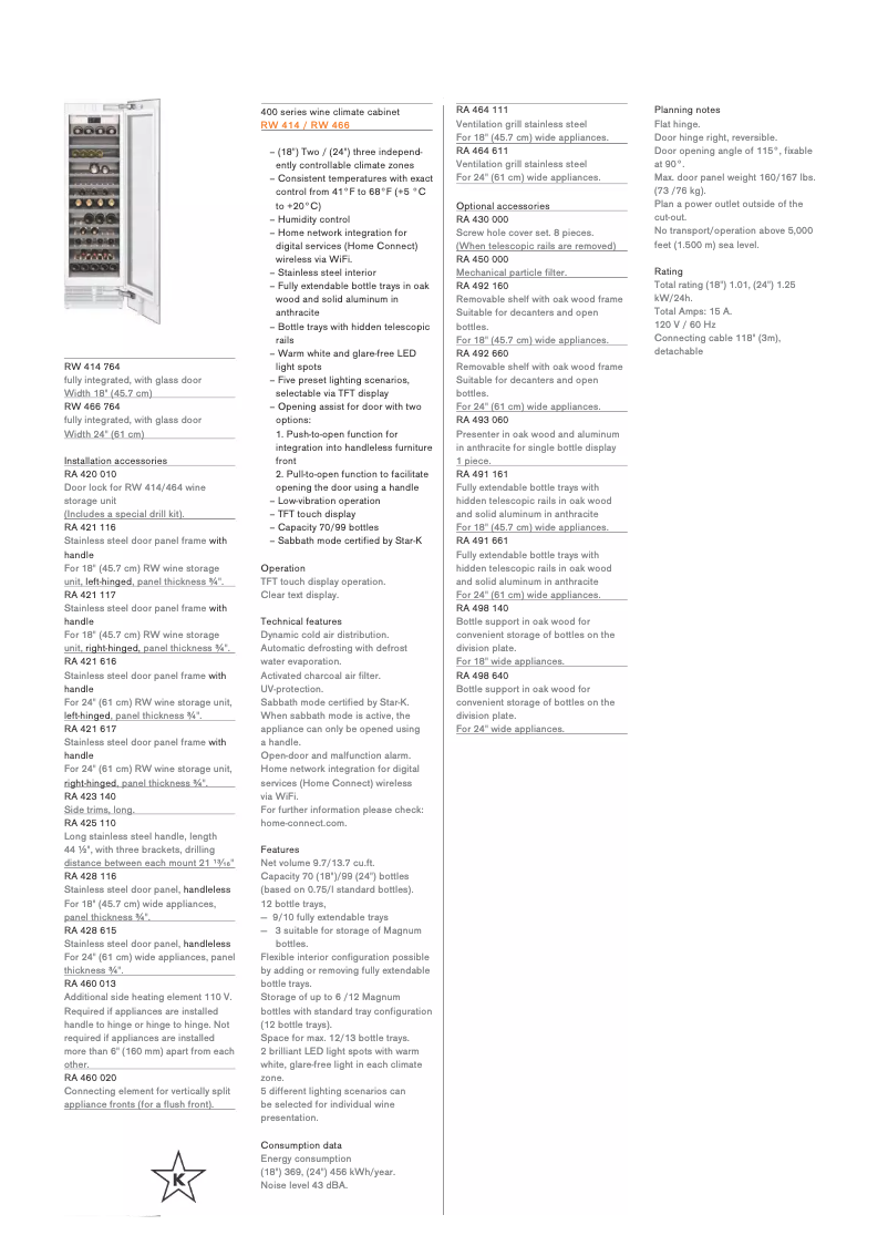 Page 1 de la notice Fiche technique Gaggenau RW414764