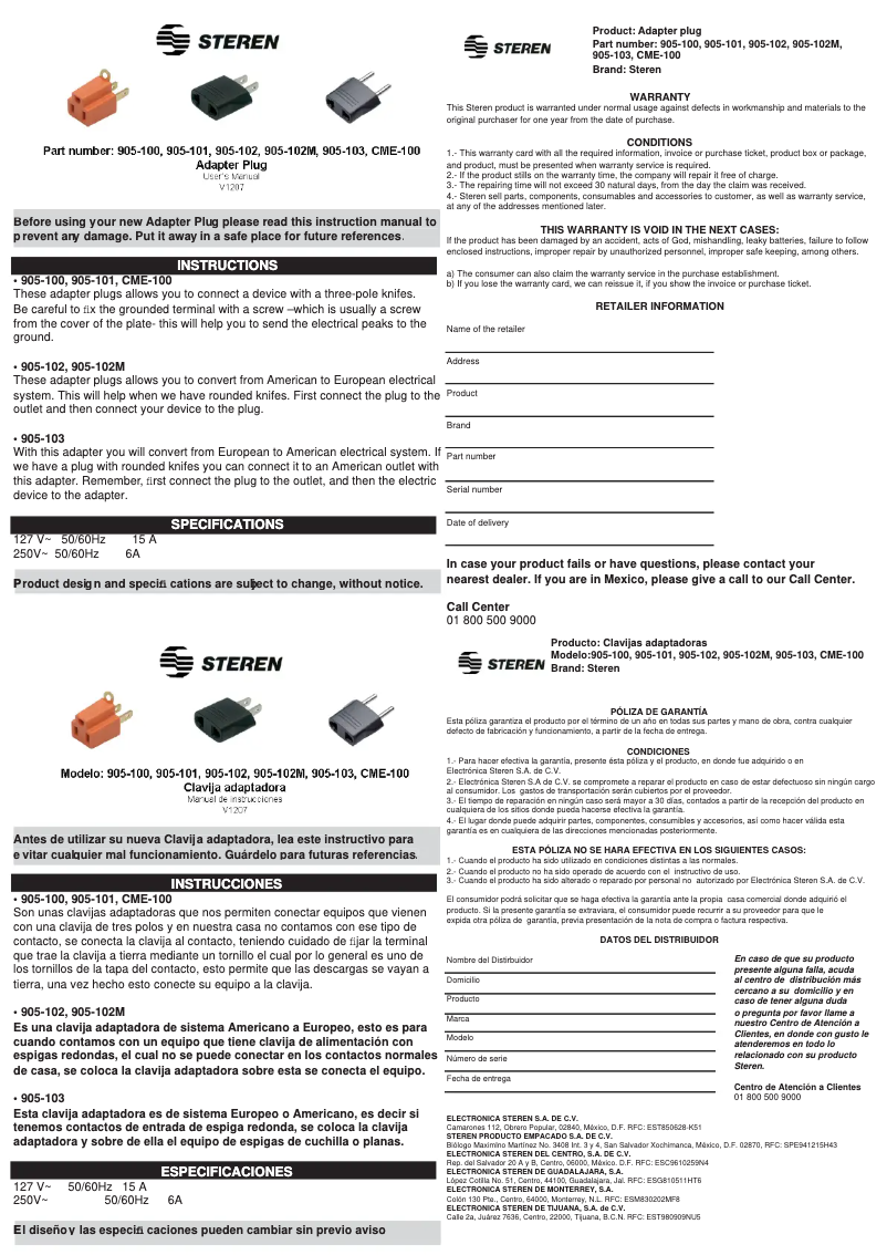 Page n°1 - Manuel utilisateur Steren 905-102
