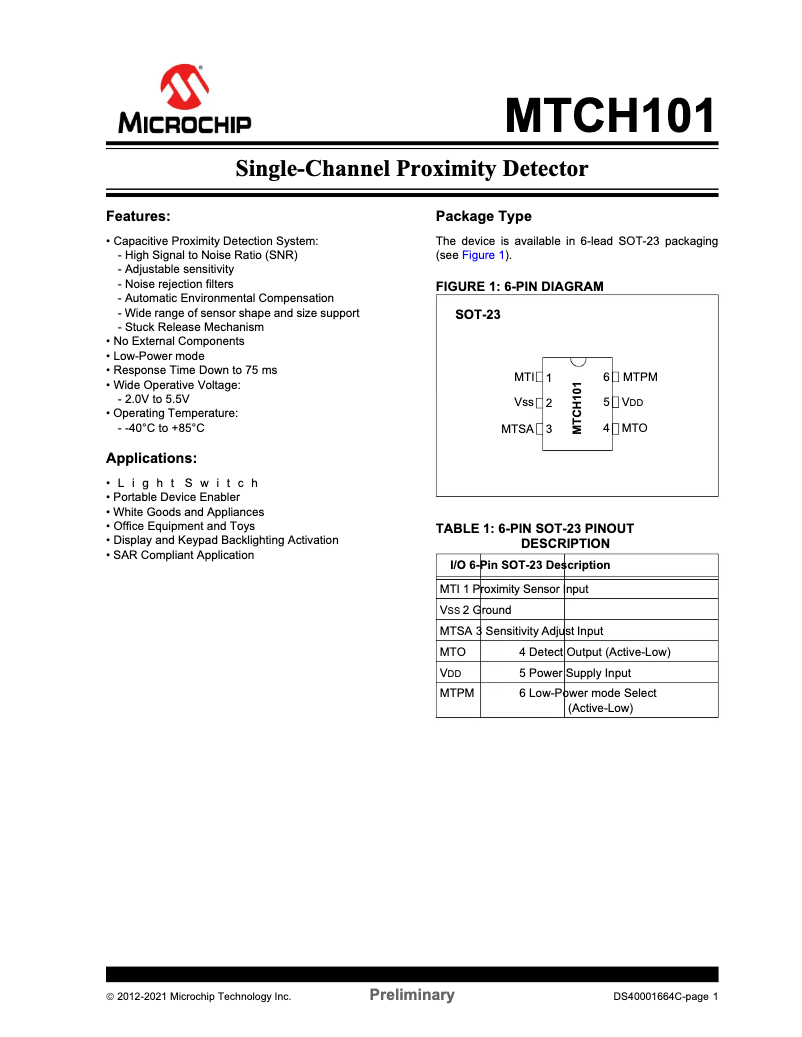 Page 1 de la notice Fiche technique Microchip MTCH101