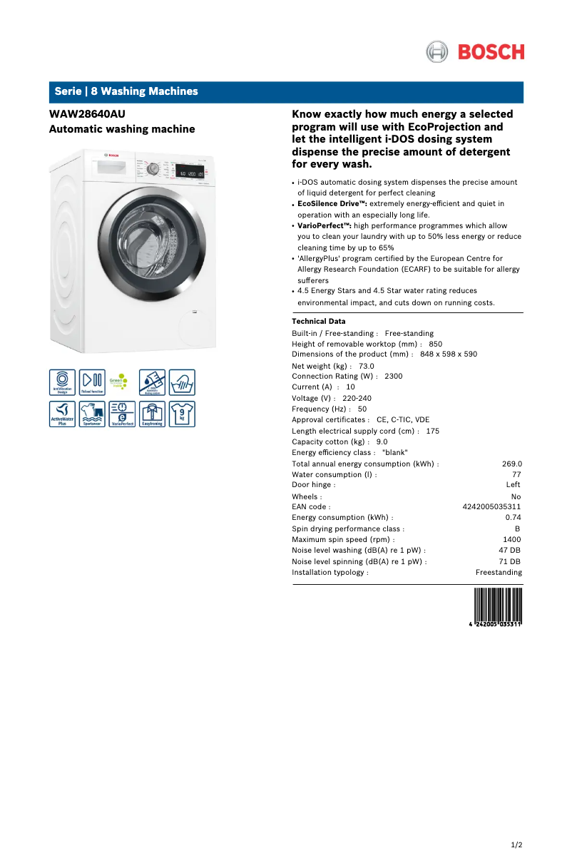 Page n°1 - Fiche technique Bosch WAW28640AU