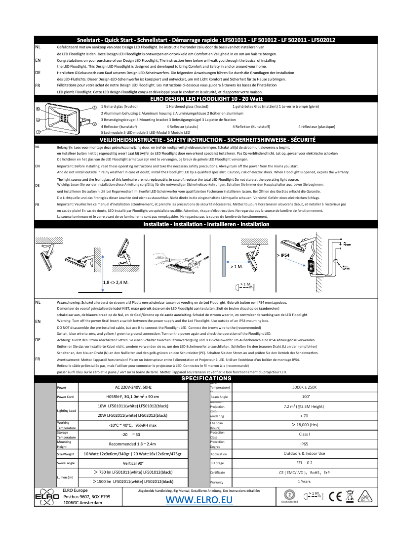 Page 1 de la notice Manuel utilisateur Elro LF501012