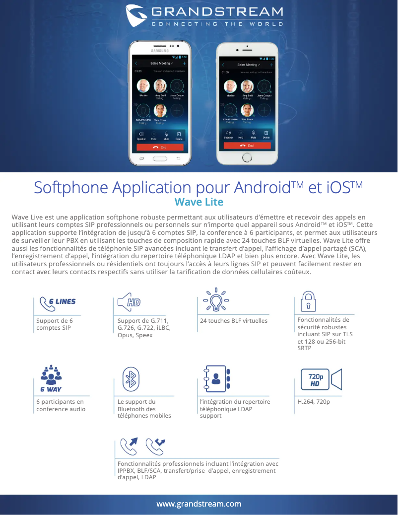 Page 1 de la notice Fiche technique Grandstream Wave Lite