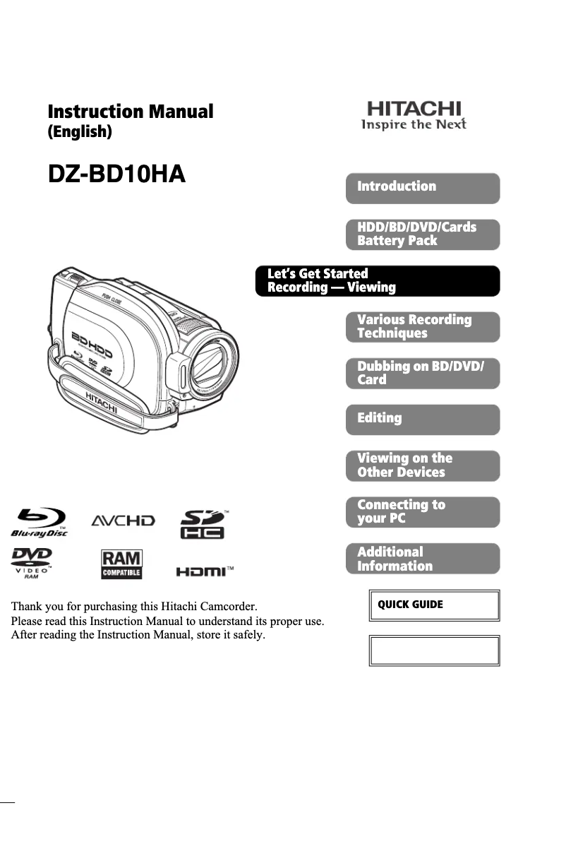 Page 1 de la notice Manuel utilisateur Hitachi DZ-BD10HA