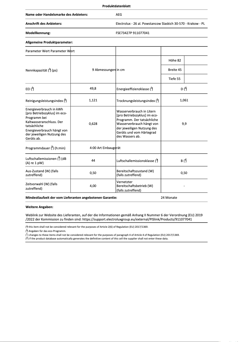 Page n°1 - Fiche technique AEG FSE73427P