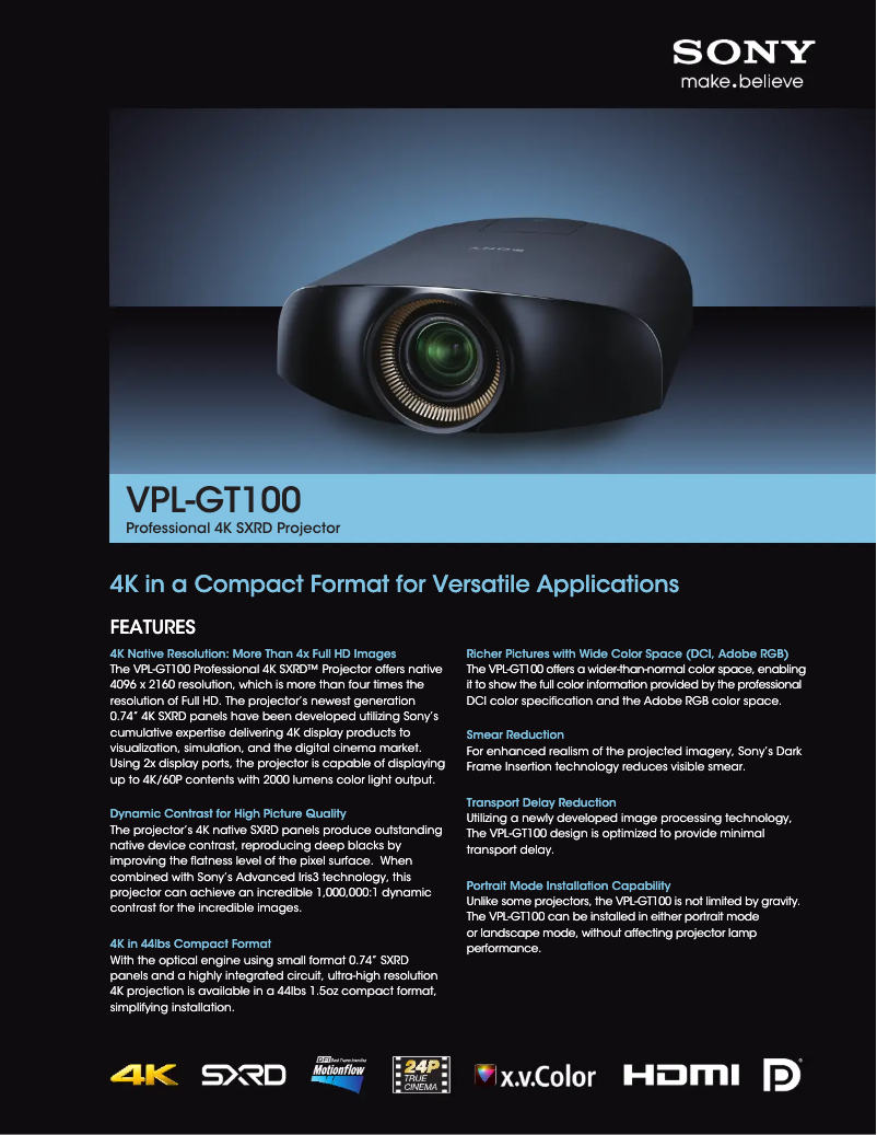 Page 1 de la notice Fiche technique Sony VPL-GT100