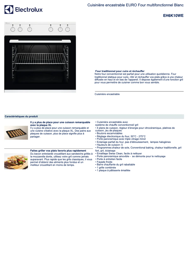 Page 1 de la notice Fiche technique Electrolux EH6K10WE