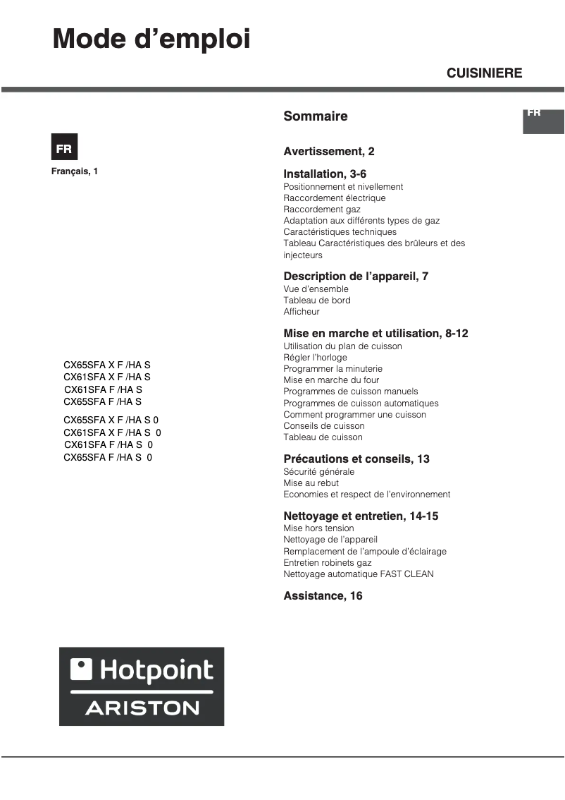 Page 1 de la notice Manuel utilisateur Hotpoint CX65SFA(W) F /HA S