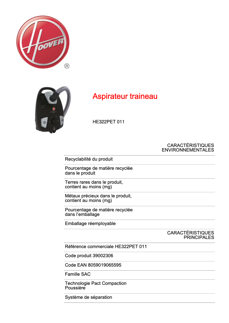 Page n°1 - Fiche technique Hoover H-ENERGY 300 HE322PET 011
