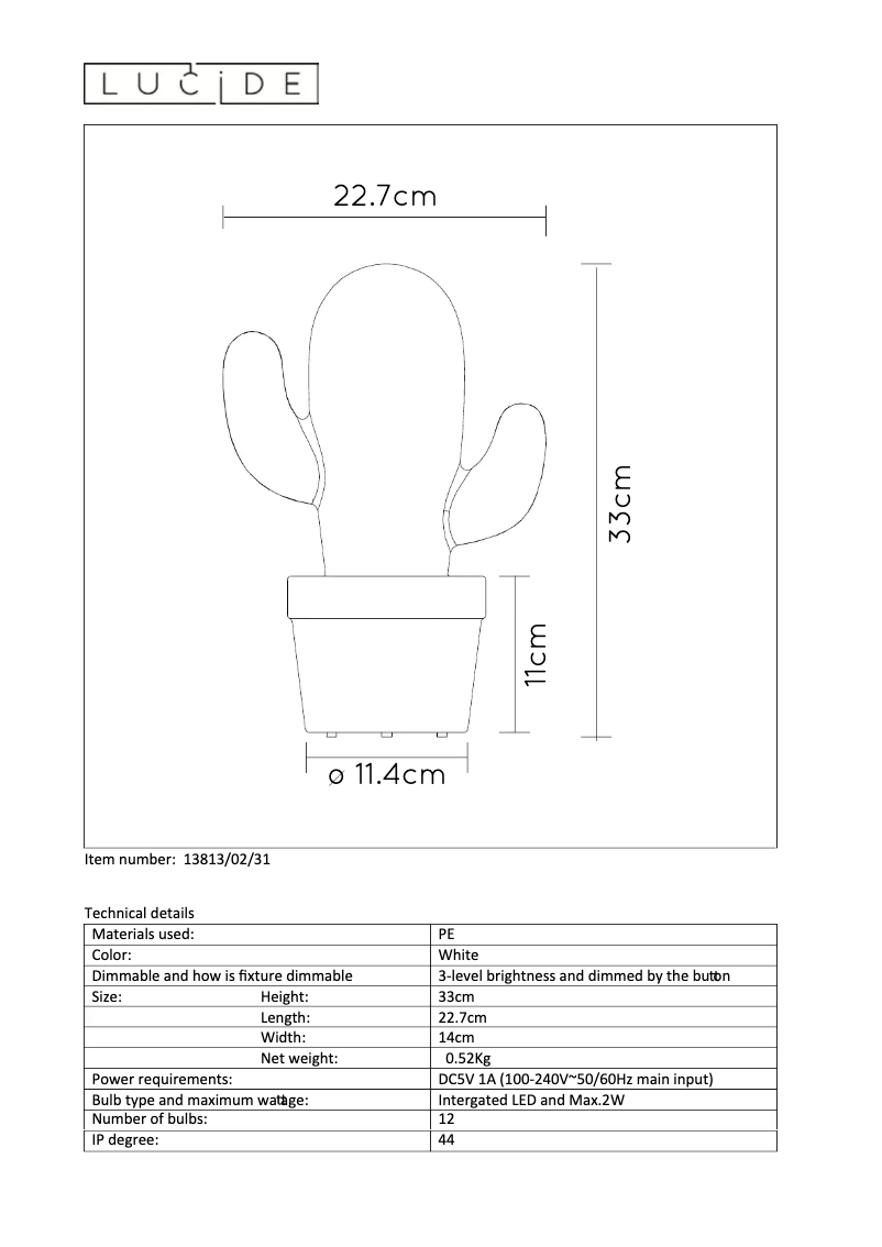 Page n°1 - Manuel utilisateur Lucide Cactus 13813/02/31