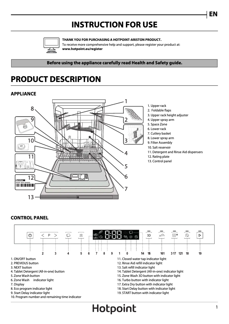 Page 1 de la notice Manuel utilisateur Hotpoint HIP 4O22 WGT C E UK