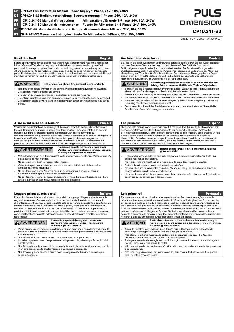 Page n°1 - Manuel utilisateur Puls Dimension CP10.241-S2