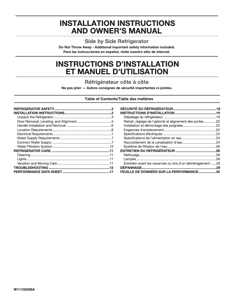 Page n°1 - Guide d'installation Amana ASI2575GRW
