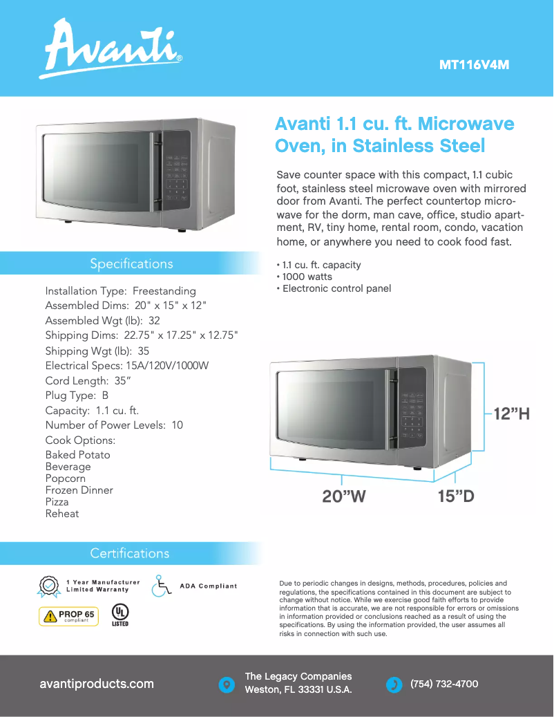 Page 1 de la notice Fiche technique Avanti MT116V4M