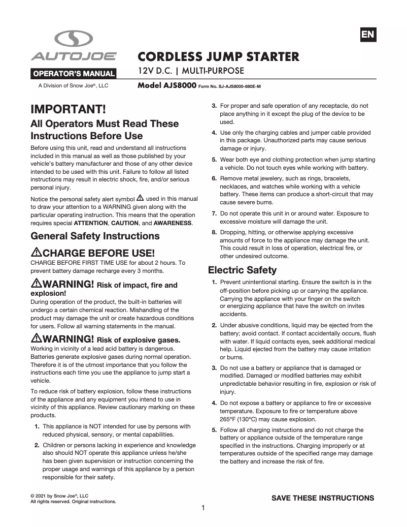 Page 1 de la notice Manuel utilisateur Auto Joe AJS8000