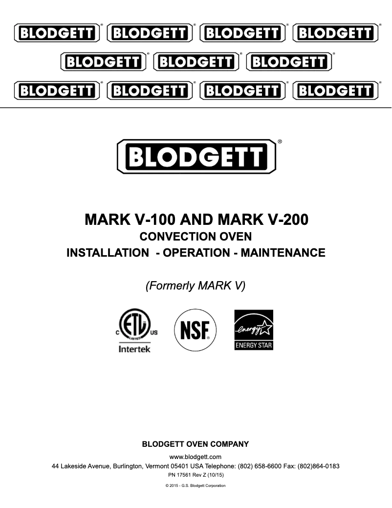 Page 1 de la notice Manuel utilisateur Blodgett Premium Mark V-100