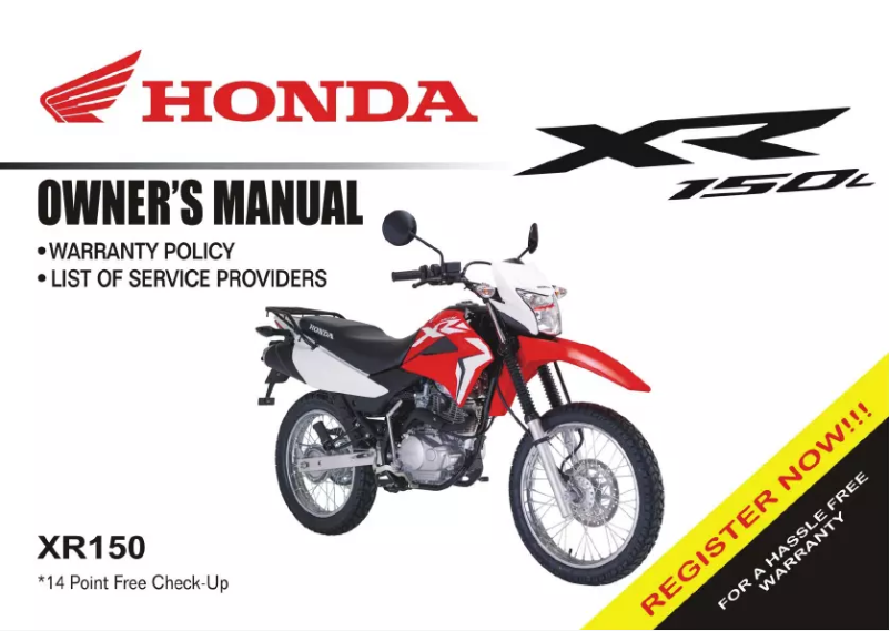First page image of the manual for XR150L (2018)