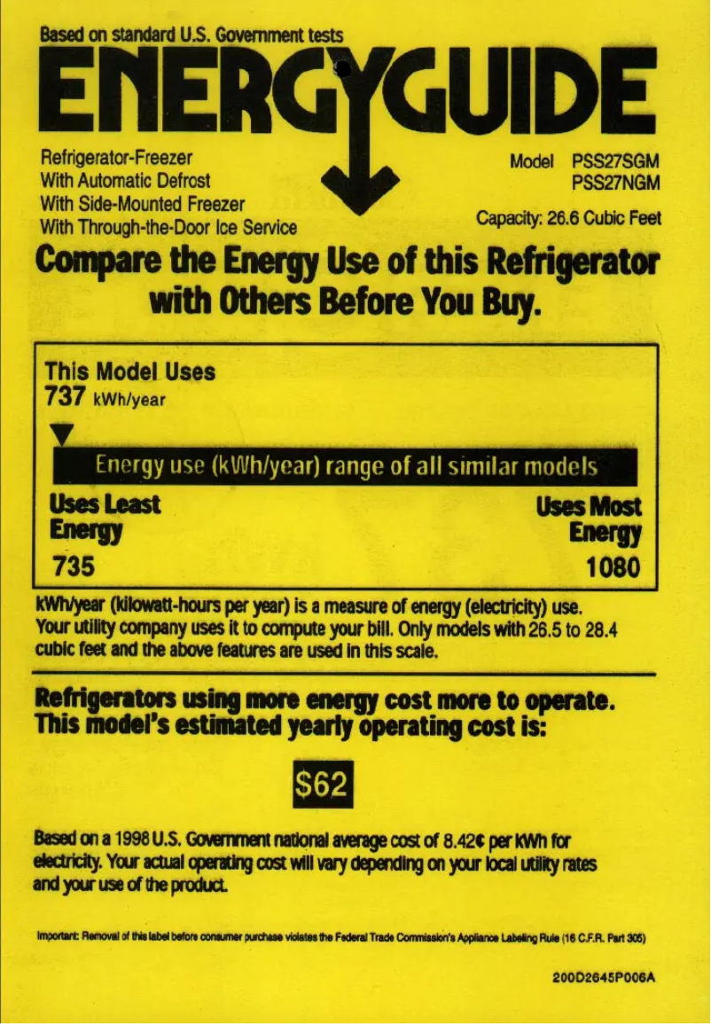 Page 1 de la notice Label énergétique GE Profile Arctica PSS27NGMBB