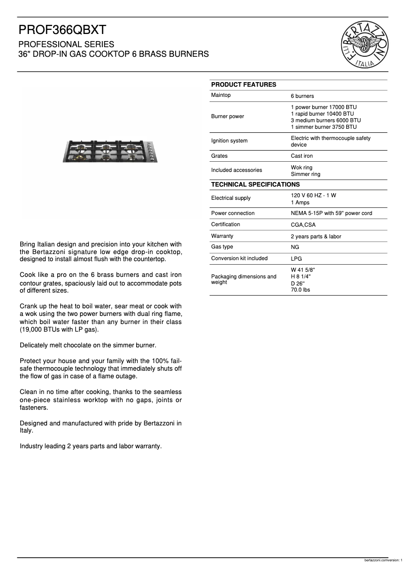Page 1 de la notice Fiche technique Bertazzoni PROF366QBXT