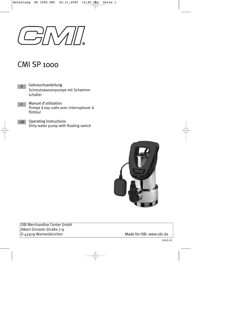 Page n°1 - Manuel utilisateur CMI SP 1000