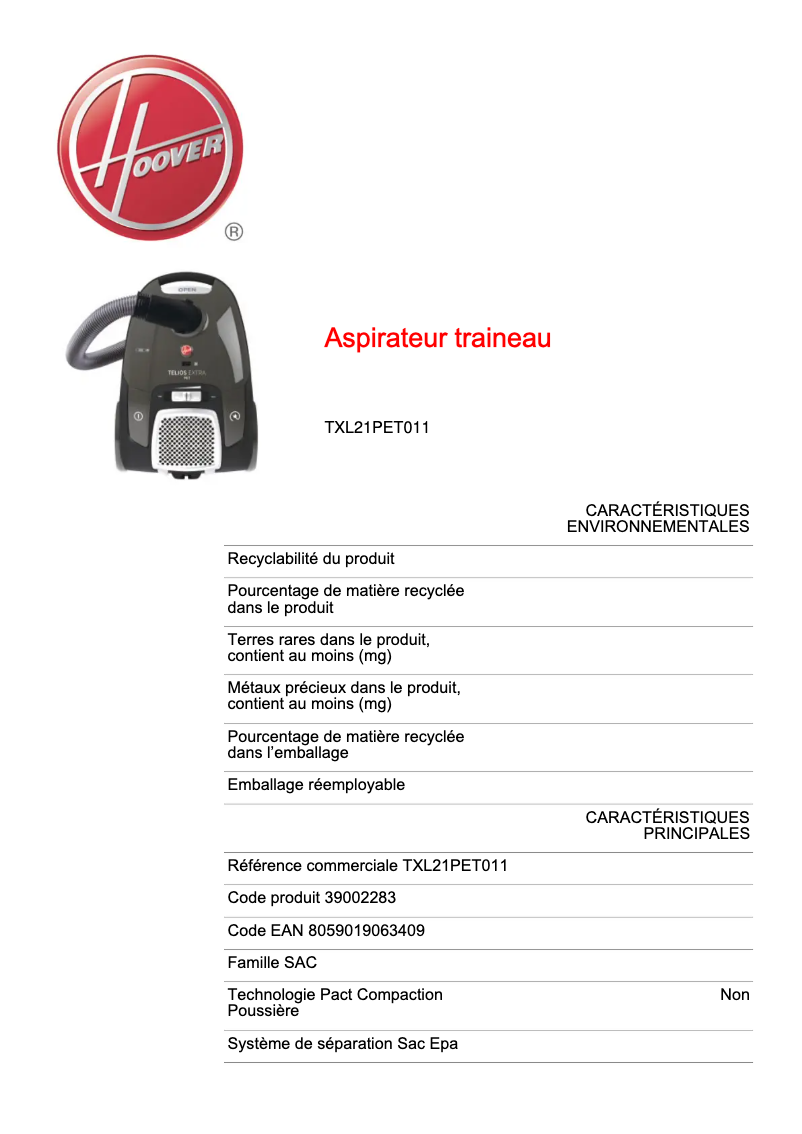 Page n°1 - Fiche technique Hoover Telios Extra Lite TXL21PET011