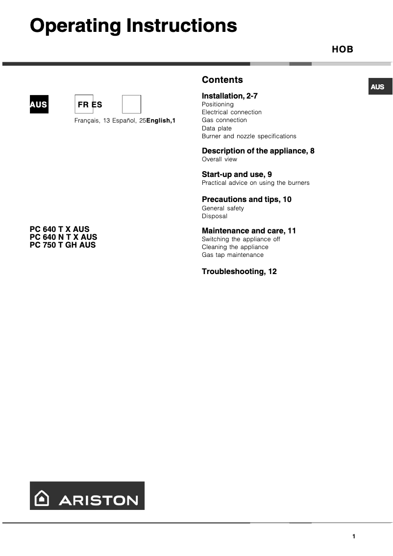 Page n°1 - Manuel utilisateur Ariston Thermo PC 640 TX