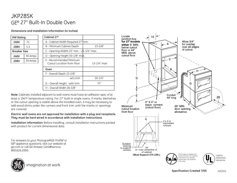 Página 1 del manual Ficha técnica GE JKP28SKSS