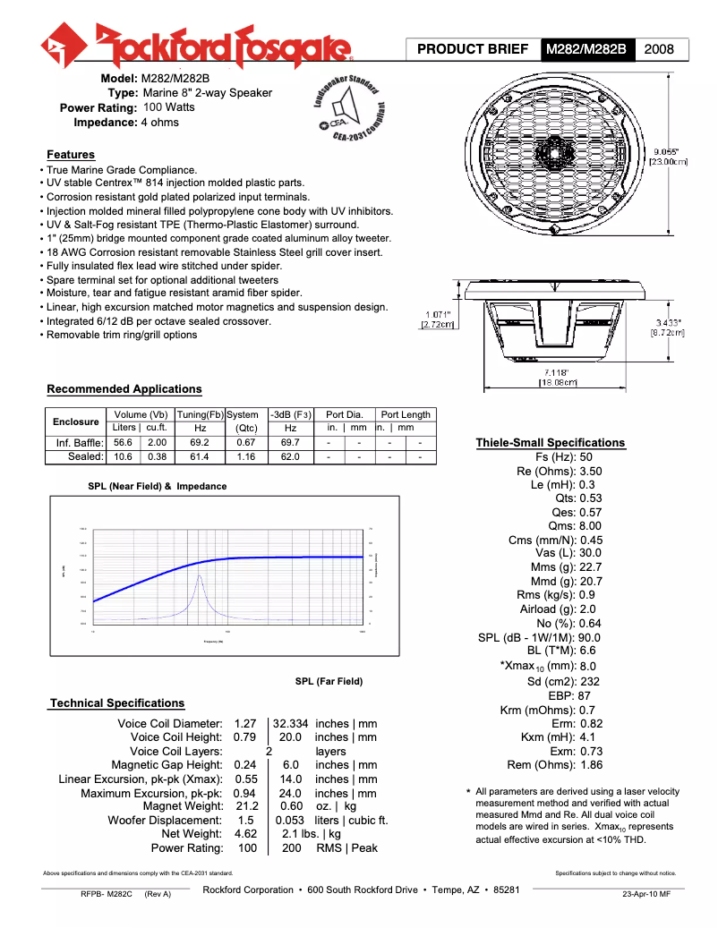 Page 1 de la notice Fiche technique Rockford Fosgate Marine M282B