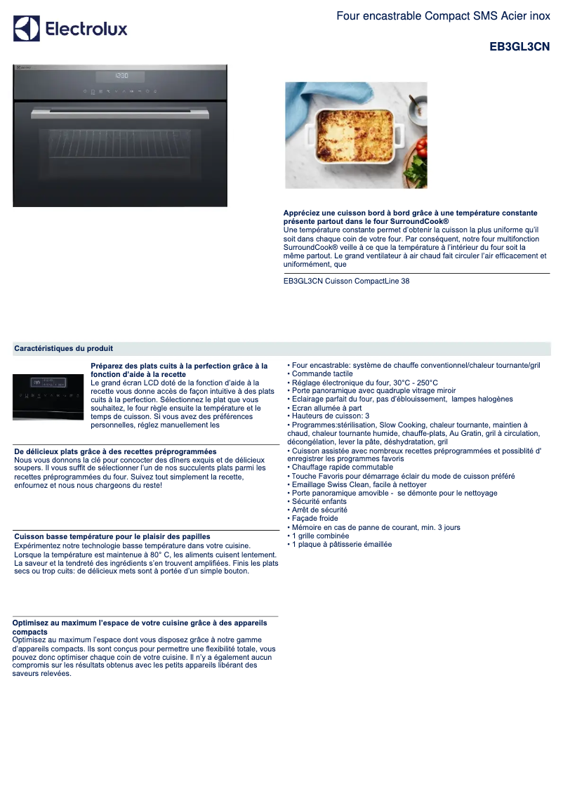 Page 1 de la notice Fiche technique Electrolux EB3GL3CN