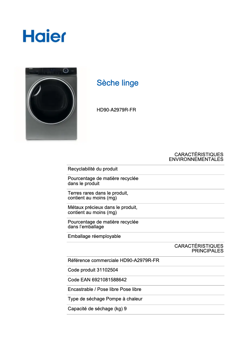 Image de la première page du manuel de l'appareil HD90-A2979