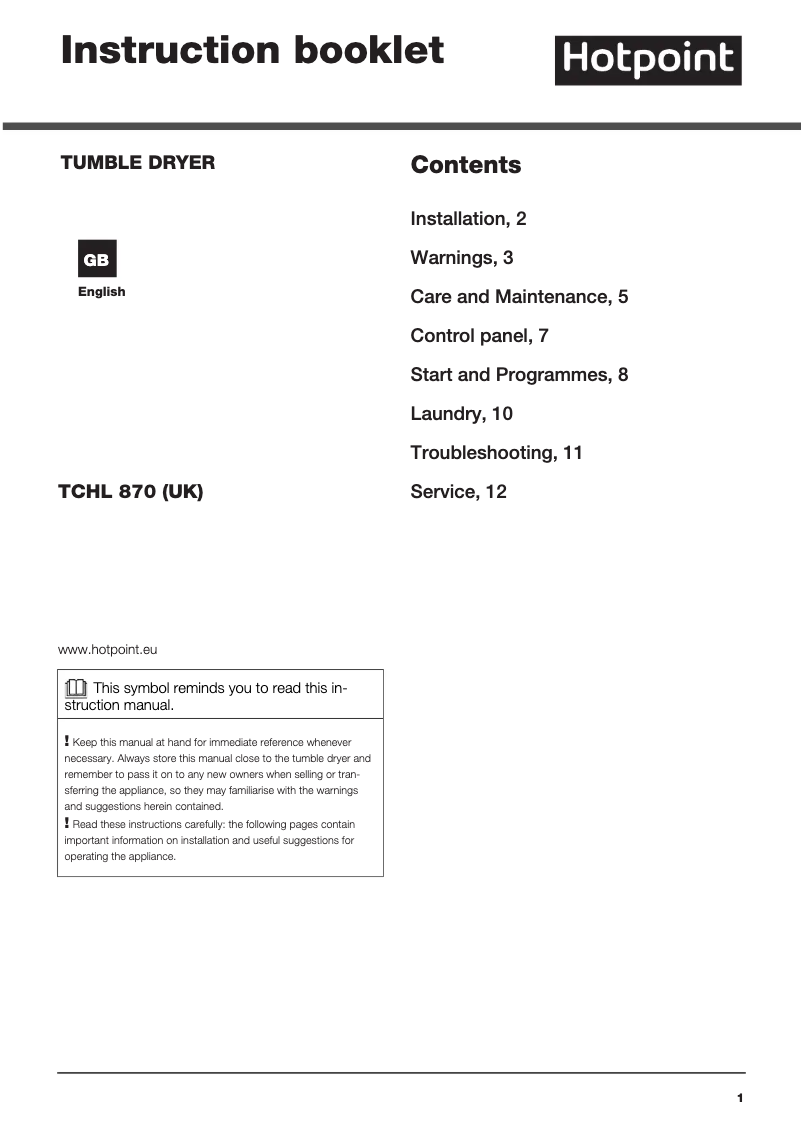 Page 1 de la notice Manuel utilisateur Hotpoint TCHL 870 BP.9 (UK)