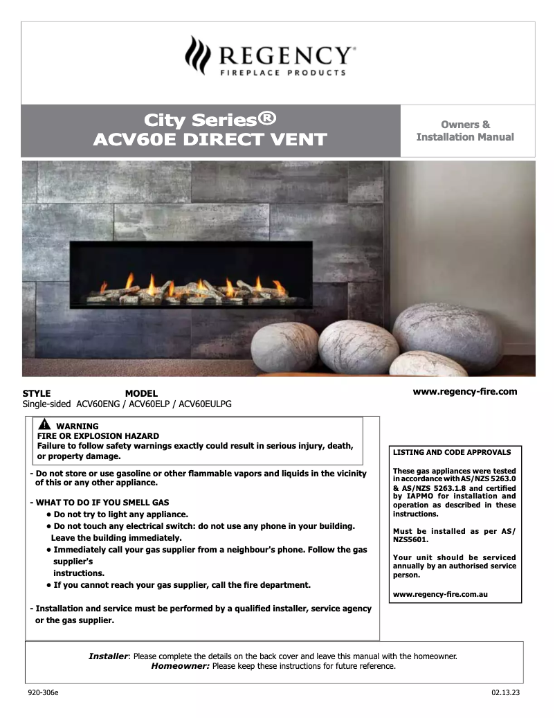 Page 1 de la notice Manuel utilisateur Regency City Series New York View 60 ACV60E