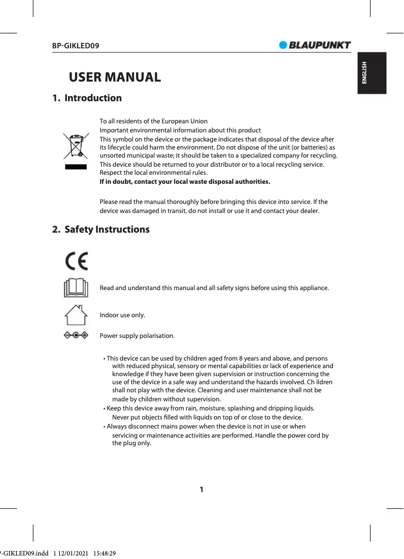 Page 1 de la notice Manuel utilisateur Blaupunkt BP-GIKLED09