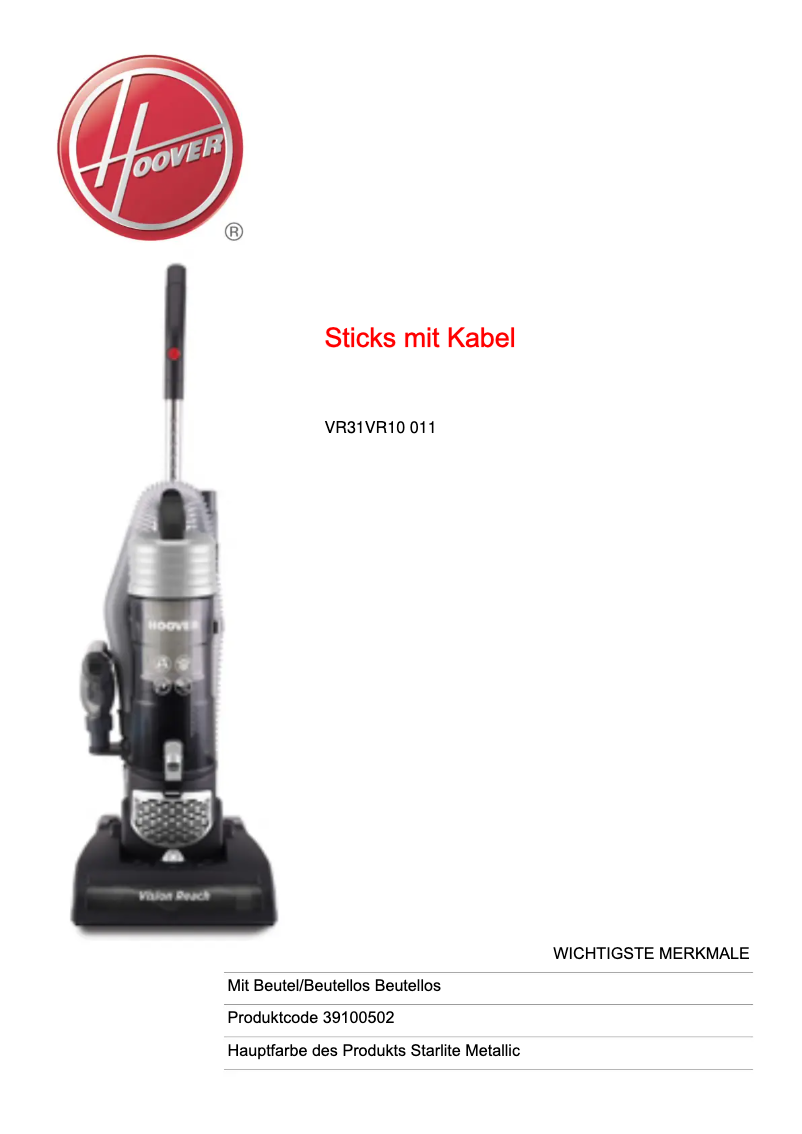 Page 1 de la notice Fiche technique Hoover Vision Reach VR31VR10 011