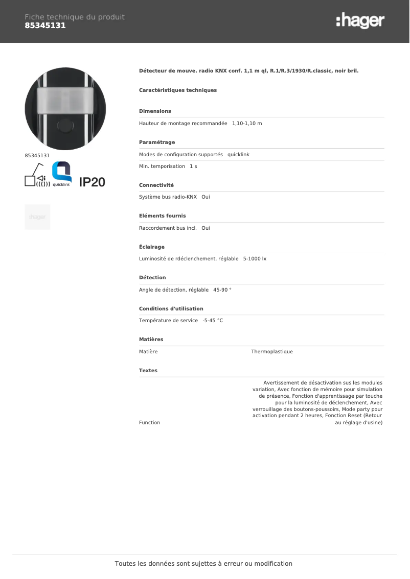 Page 1 de la notice Fiche technique Hager 85345131