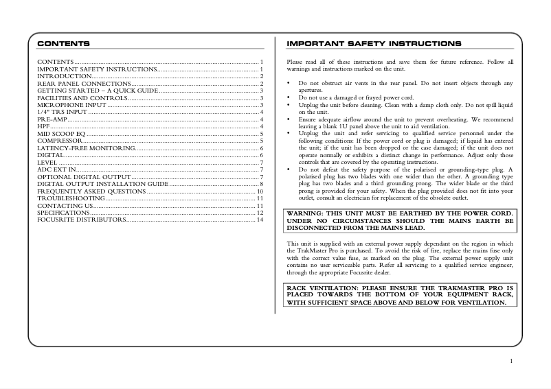 Page 1 de la notice Manuel utilisateur Focusrite Platinum TrakMaster Pro