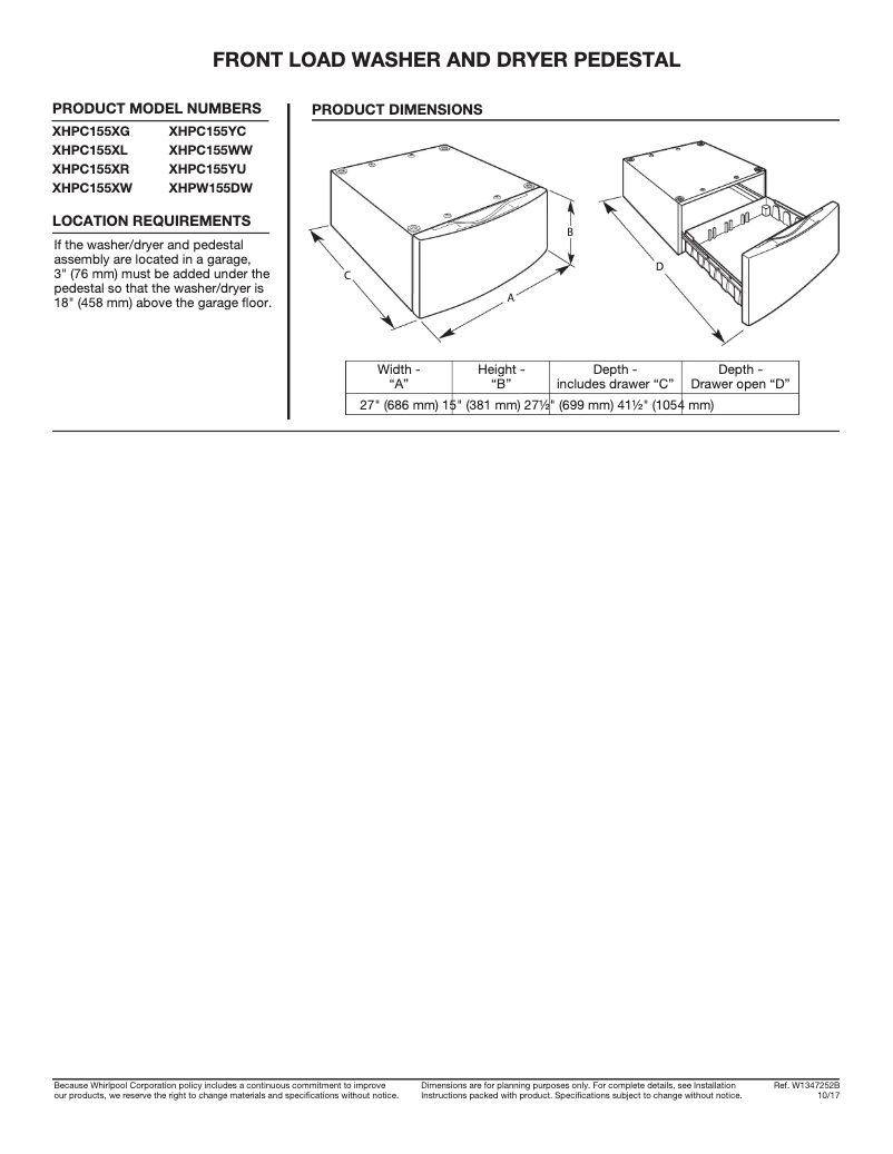 Page 1 de la notice Fiche technique Whirlpool XHPC155X