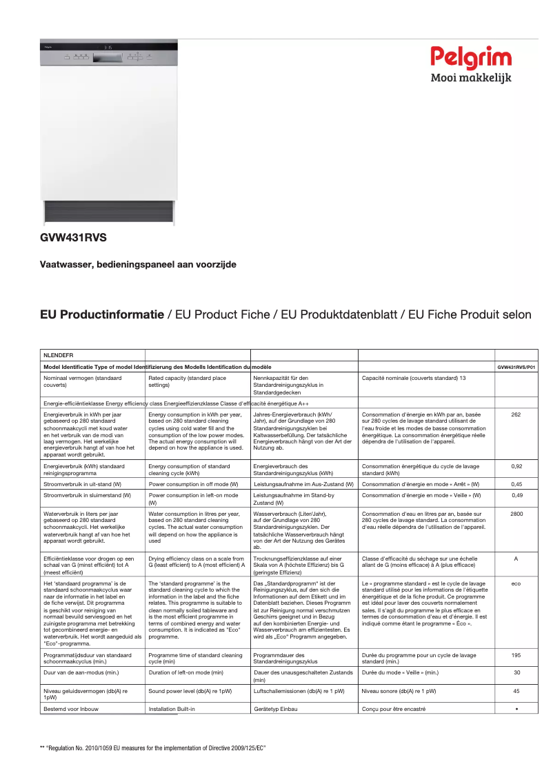 Page 1 de la notice Fiche technique Pelgrim GVW431RVS